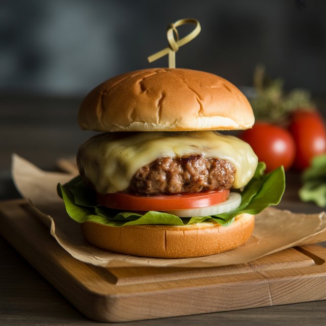 Gourmet burger with melted cheese and fresh ingredients on a wooden board, dramatic side lighting, food photography, rustic background, restaurant quality