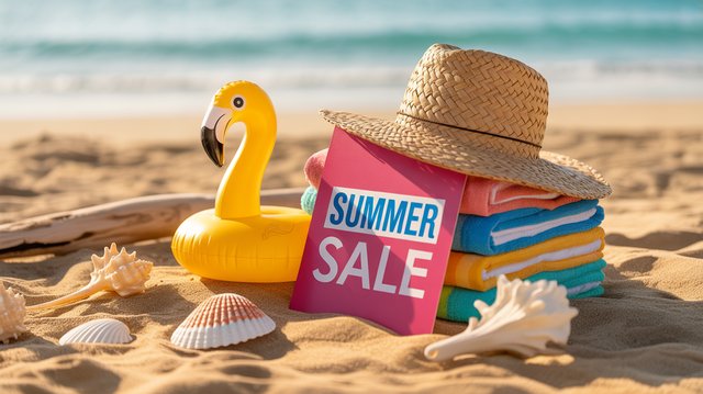 Summer sale banner with beach-themed products arranged aesthetically on sand with seashells, bright and cheerful, ecommerce photography, promotional