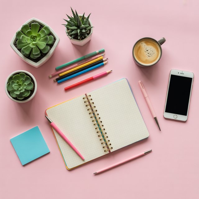 Vibrant flat lay of a creative workspace with colorful stationery, coffee cup, smartphone, and plants on a pastel pink desk, Instagram-worthy, top-down view