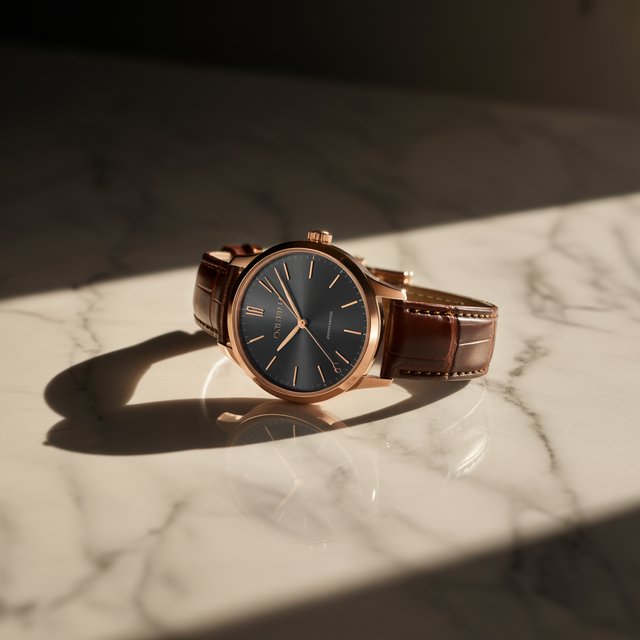 Professional product photography of a luxury watch on a marble surface with soft shadows, studio lighting, commercial photography style, high-end aesthetic